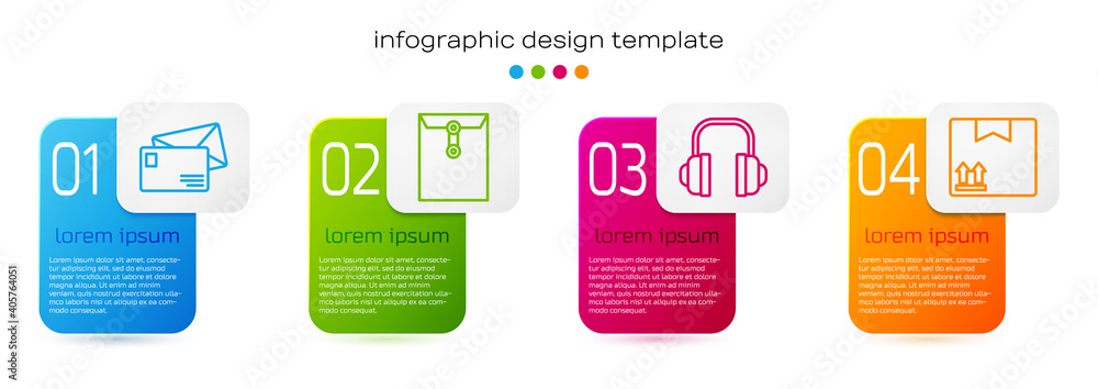 设置线路信封、信封、耳机和带有交通标志的纸板箱。商业信息图