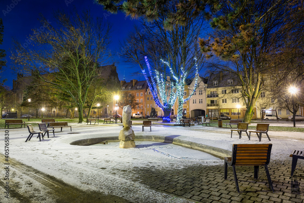 Christmas decorations in the old town of Gdansk at dawn, Poland