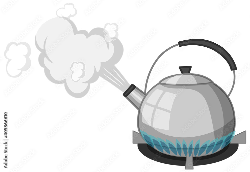 Stainless steel kettle with boiling water on stove cartoon style isolated on white background