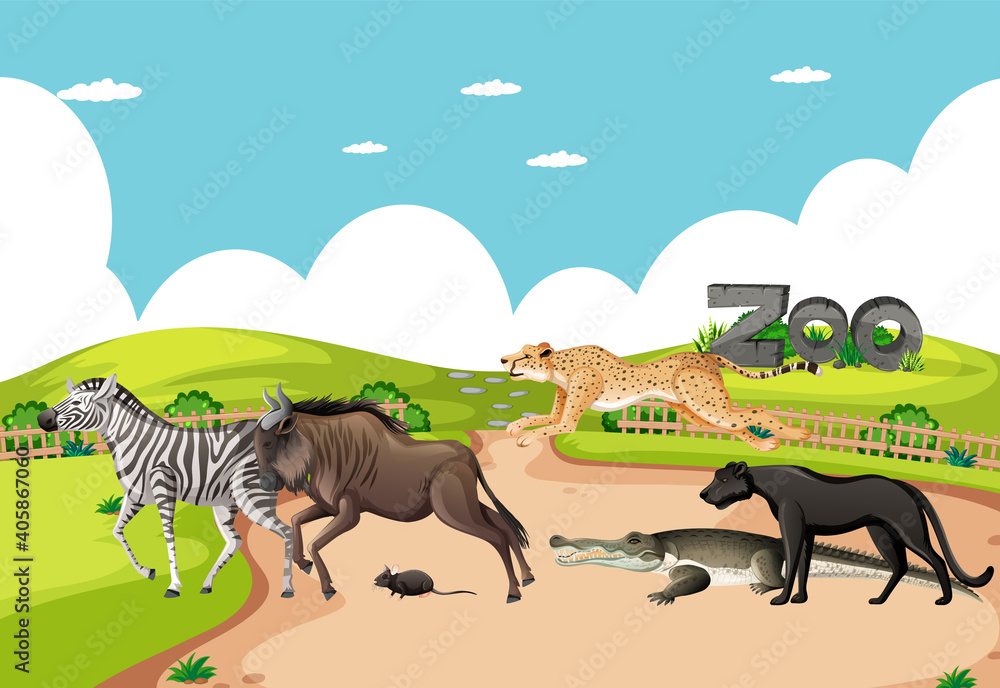 Group of wild african animal in the zoo scene