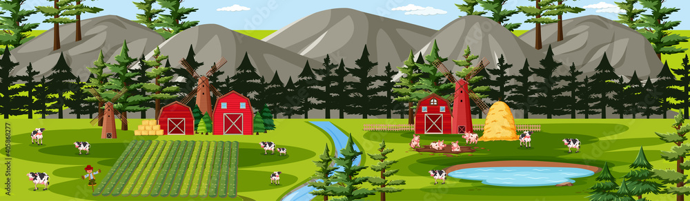 Farm nature with barns landscape scene