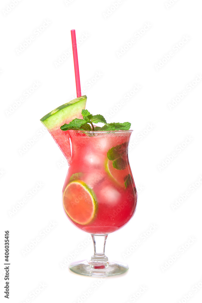 Glass of tasty cold watermelon lemonade on white background