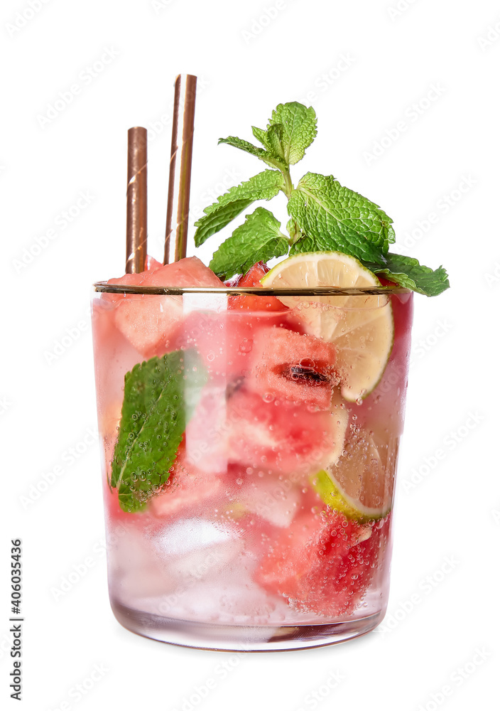 Glass of tasty cold watermelon lemonade on white background