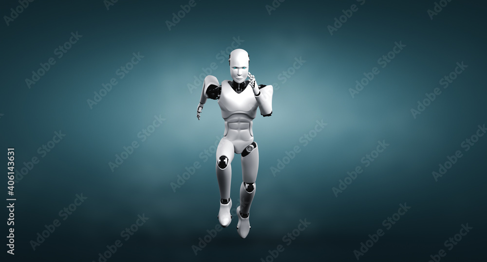 Running robot humanoid showing fast movement and vital energy in concept of future innovation develo