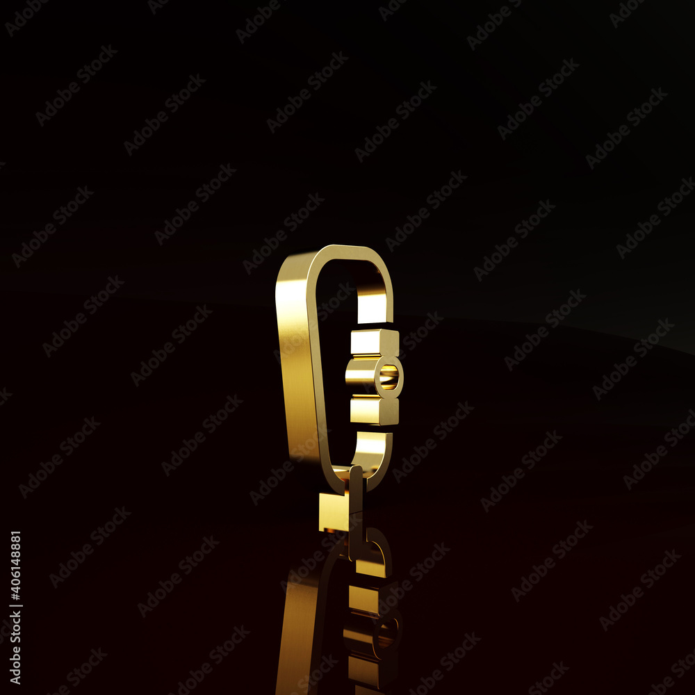 Gold Carabiner icon isolated on brown background. Extreme sport. Sport equipment. Minimalism concept