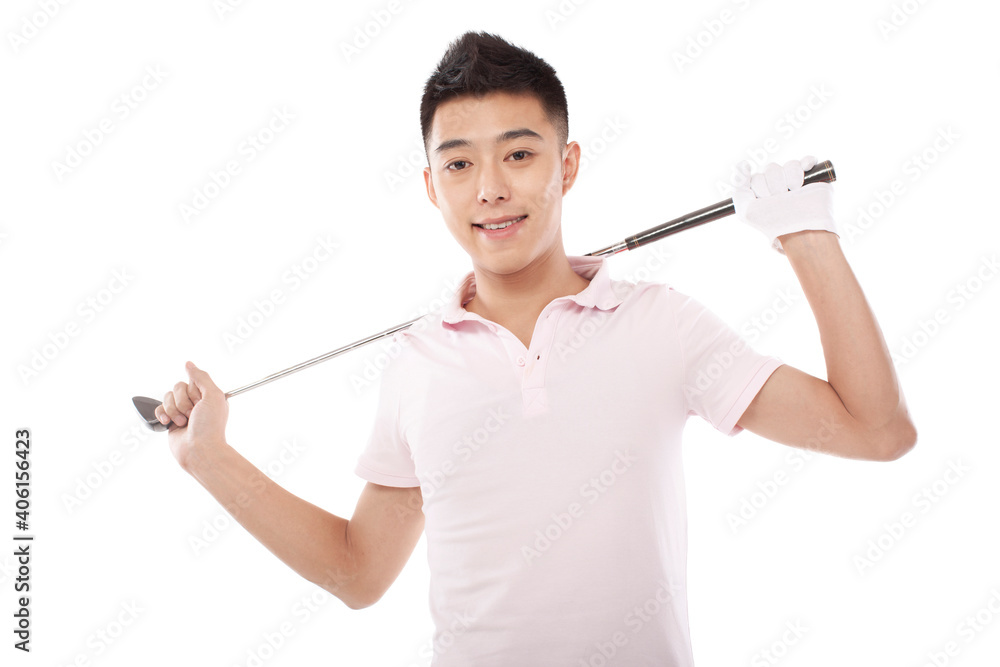 Portrait of young Male golfer with club over shoulder