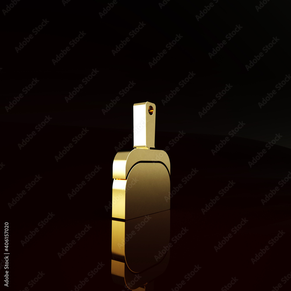 Gold Dustpan icon isolated on brown background. Cleaning scoop services. Minimalism concept. 3d illu