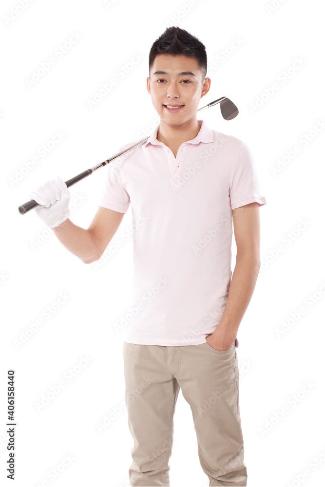 Portrait of young Male golfer with club over shoulder