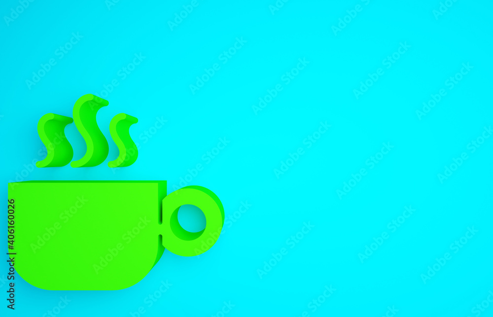 Green Coffee cup icon isolated on blue background. Tea cup. Hot drink coffee. Minimalism concept. 3d