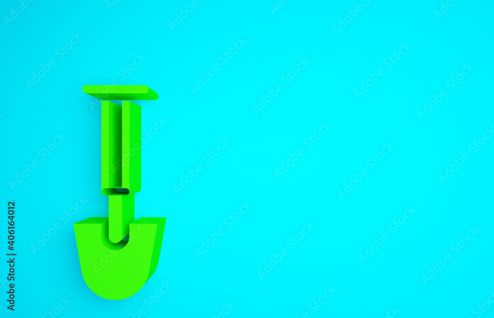 Green Shovel icon isolated on blue background. Gardening tool. Tool for horticulture, agriculture, f