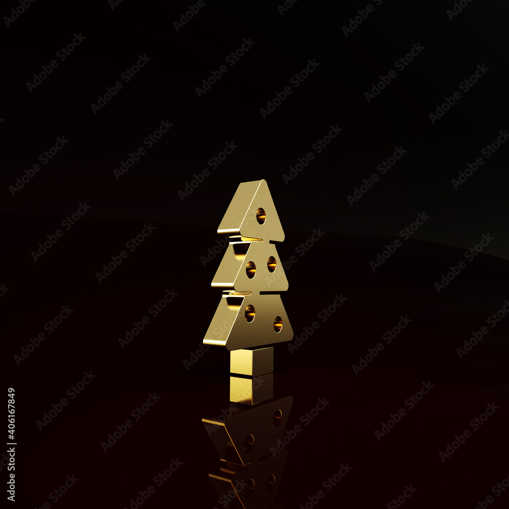 Gold Christmas tree with decorations icon isolated on brown background. Merry Christmas and Happy Ne