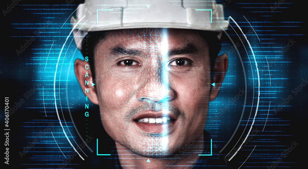 Facial recognition technology for industry worker to access machine control . Future concept interfa