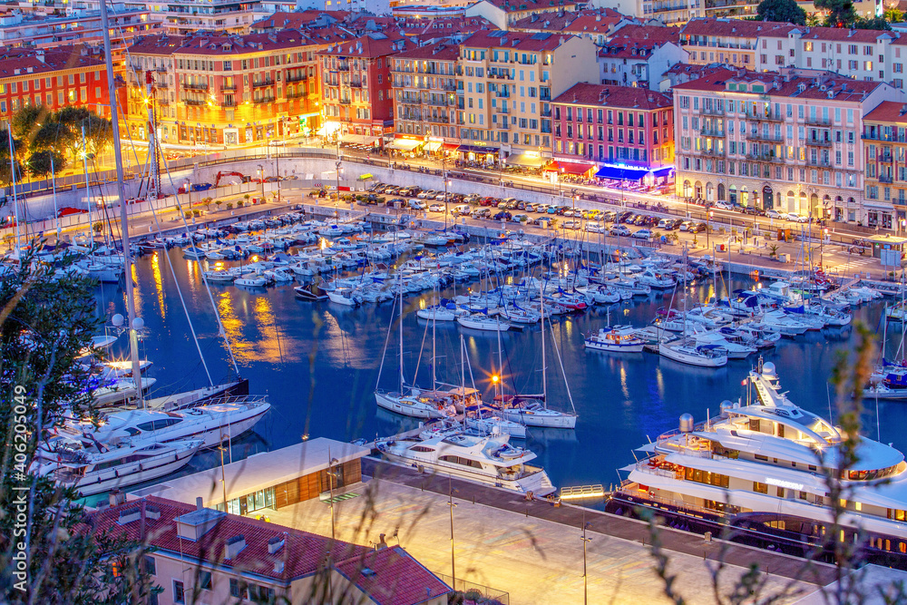 Idyllic view of  yachts in harbor  Rade de Villefranche  in Nice, French riviera.   