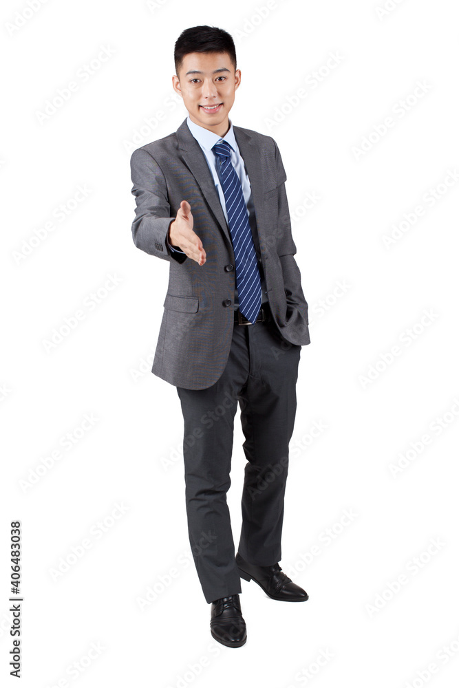 Portrait of young business man holding hand greeting