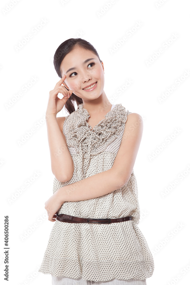 Portrait of Young woman standing with thinking