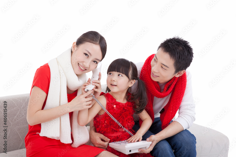 Portrait of mother paying New Year call on telephone 