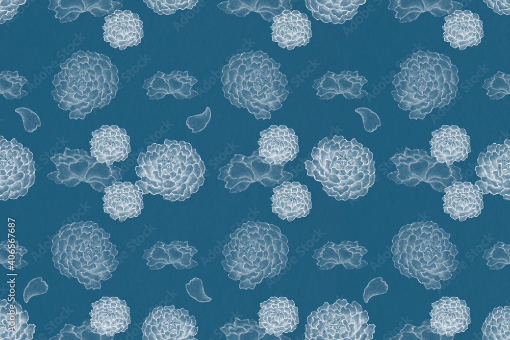 Peony floral pattern blue background, remix from artworks by Zhang Ruoai