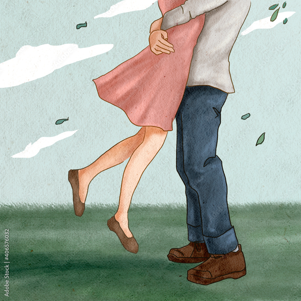 Couple jump hugging  romantic  Valentine’s illustration social media post