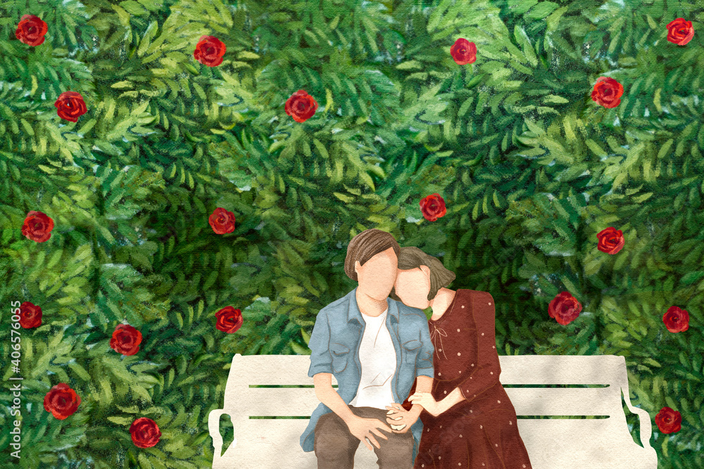 Couple on a date in the garden  Valentine’s  theme hand drawn illustration