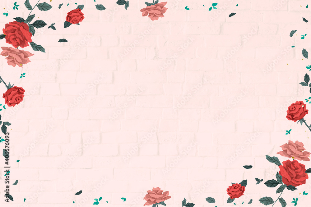  Valentine’s red roses frame with pink brick wall background.