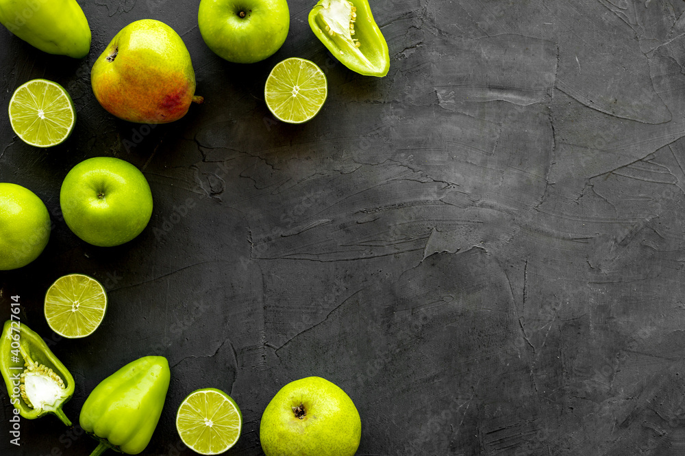 Flat lay of healthy vegetarian food - green vegetables top view