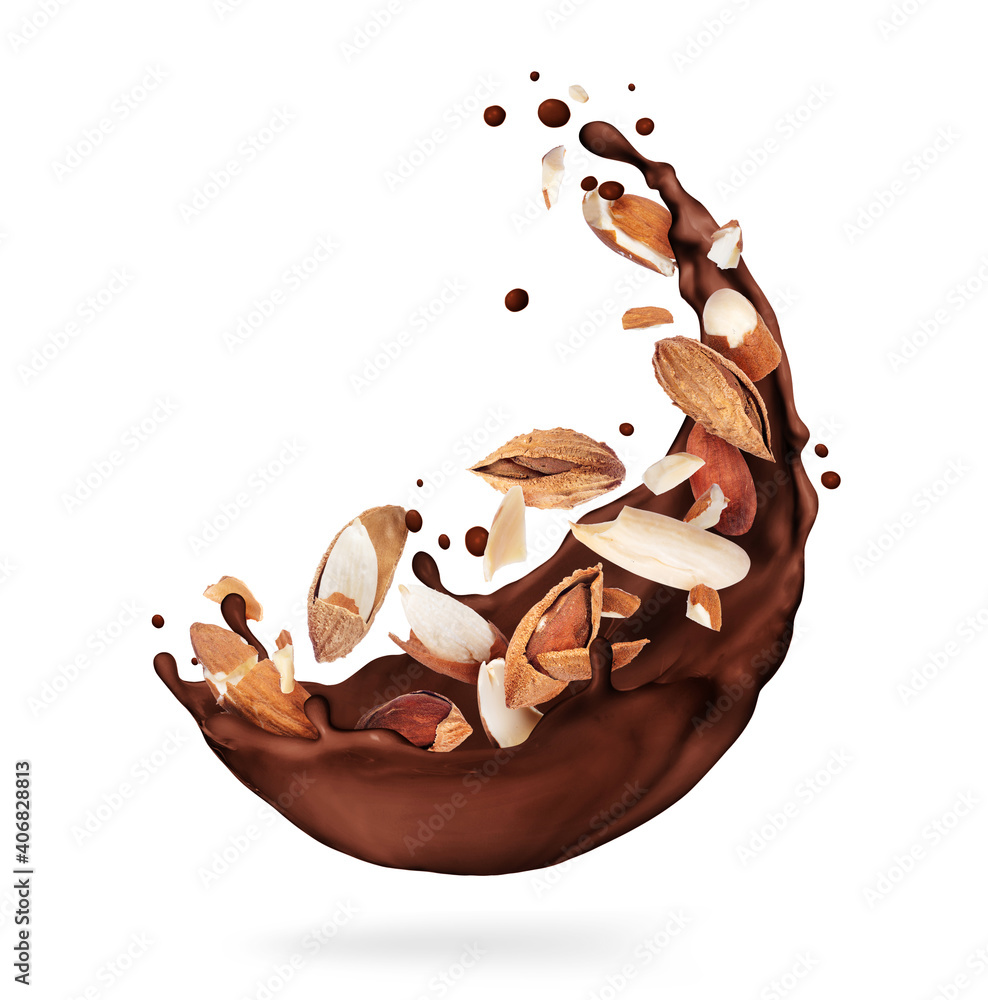 Chocolate splashes with crushed almonds close-up on a white background