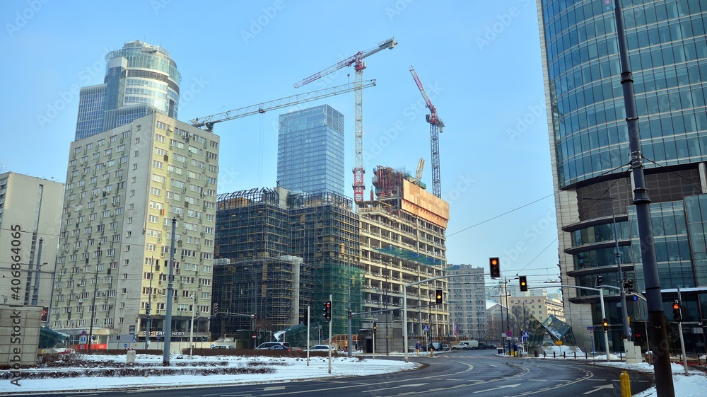 Business center of the city on a frosty winter morning.