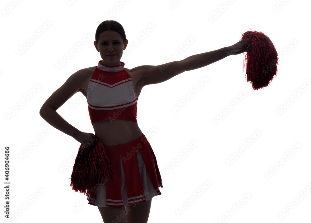 Silhouette of beautiful cheerleader on white background