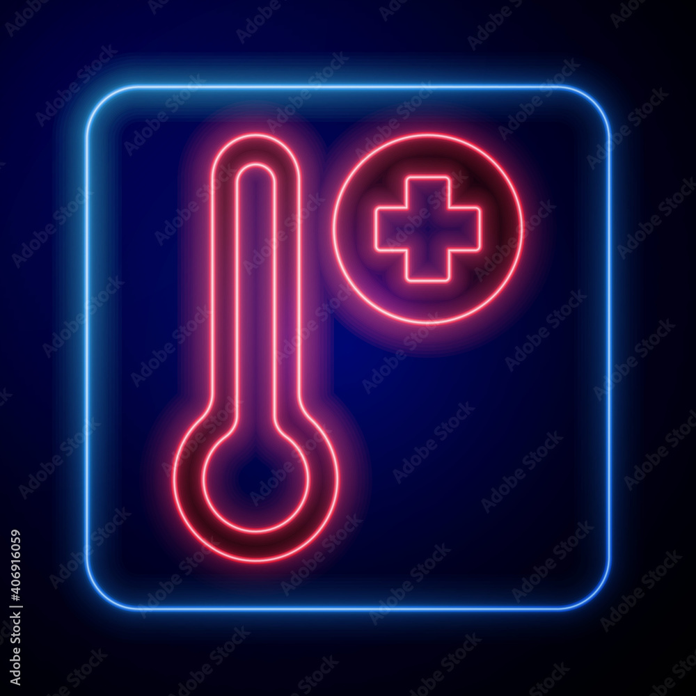 Glowing neon Meteorology thermometer measuring icon isolated on blue background. Thermometer equipme