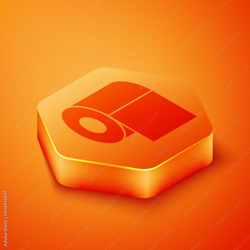 Isometric Toilet paper roll icon isolated on orange background. Orange hexagon button. Vector.