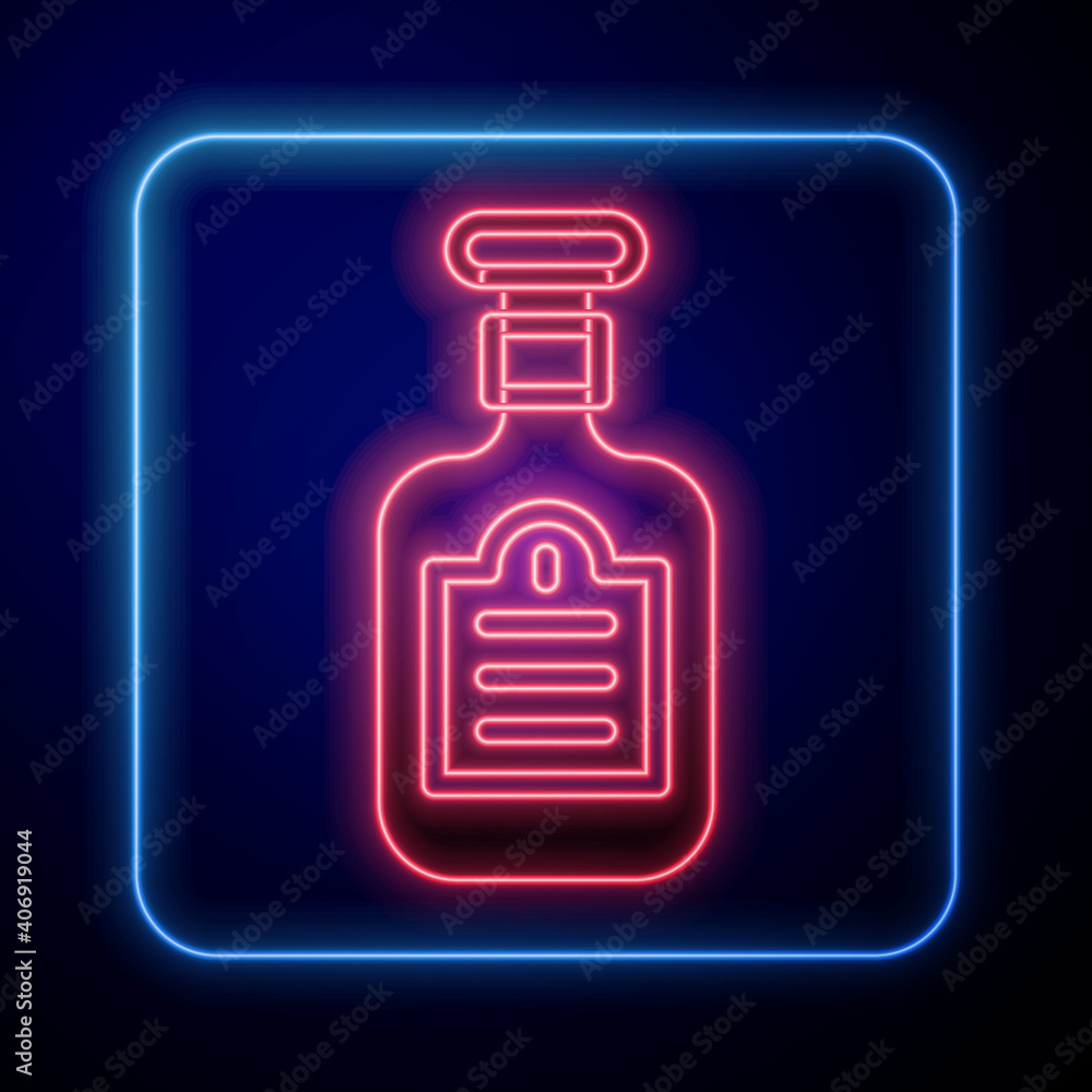 Glowing neon Sauce bottle icon isolated on blue background. Ketchup, mustard and mayonnaise bottles 