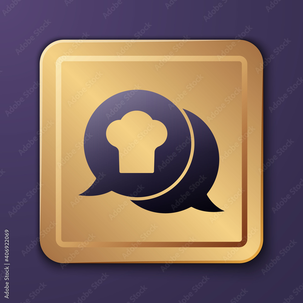 Purple Chef hat in speech bubble icon isolated on purple background. Cooking symbol. Cooks hat. Gold