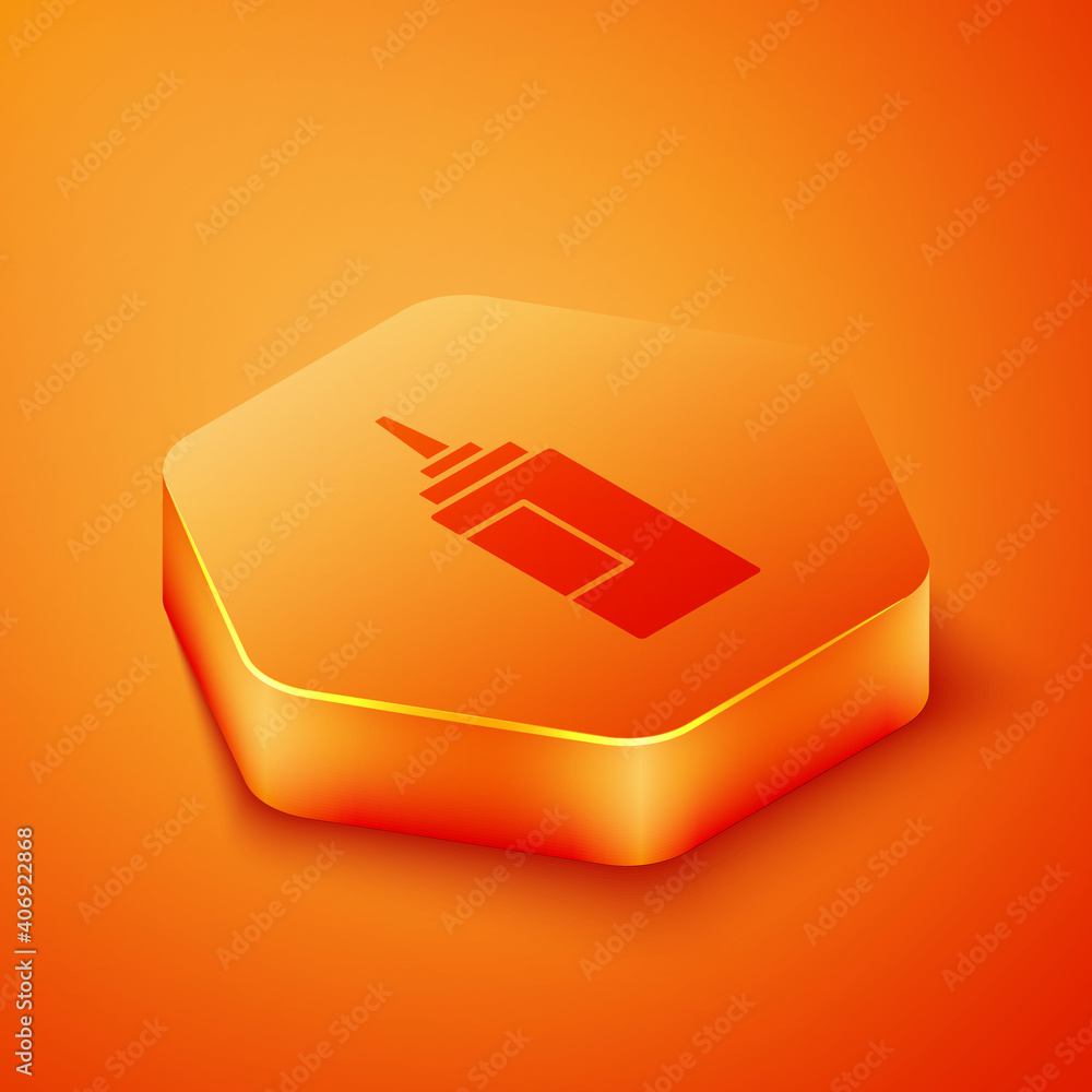 Isometric Sauce bottle icon isolated on orange background. Ketchup, mustard and mayonnaise bottles w