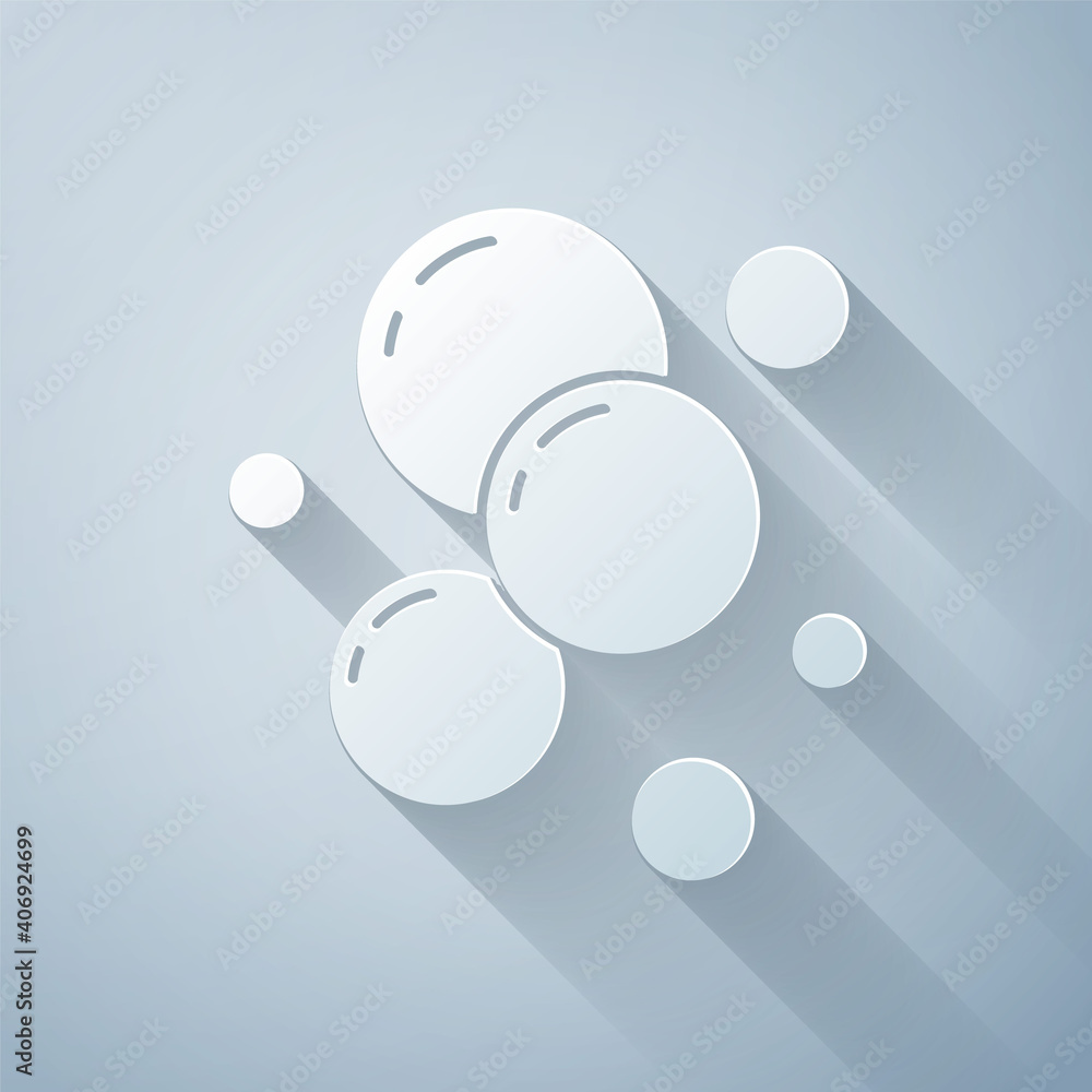 Paper cut Soap water bubbles icon isolated on grey background. Paper art style. Vector.