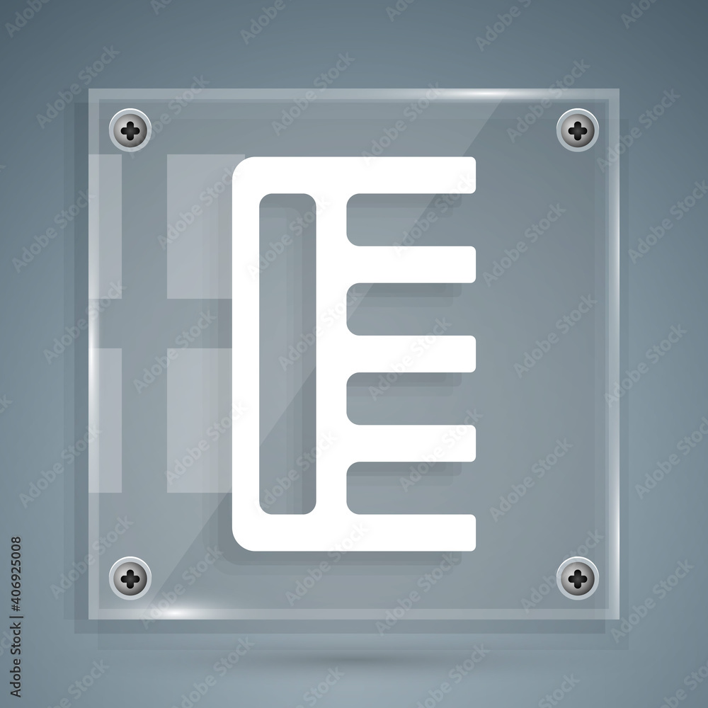 White Hairbrush icon isolated on grey background. Comb hair sign. Barber symbol. Square glass panels