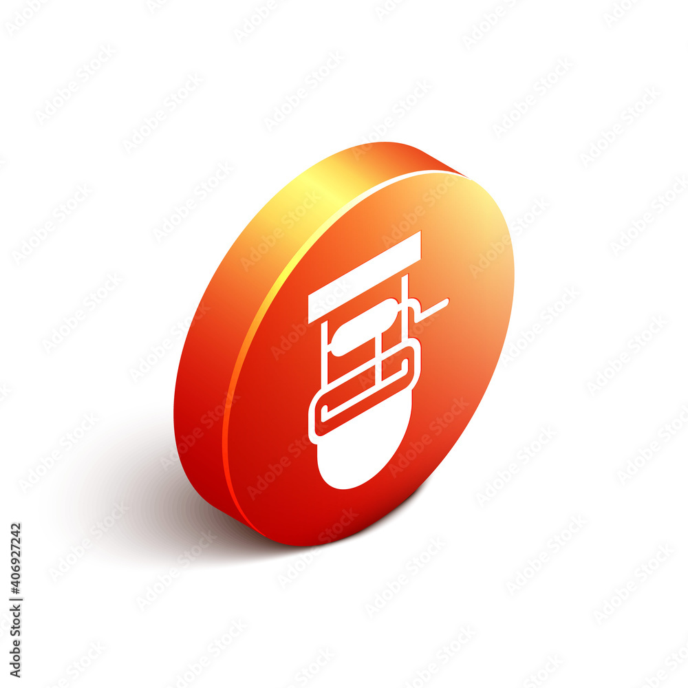 Isometric Well with a bucket and drinking water icon isolated on white background. Orange circle but