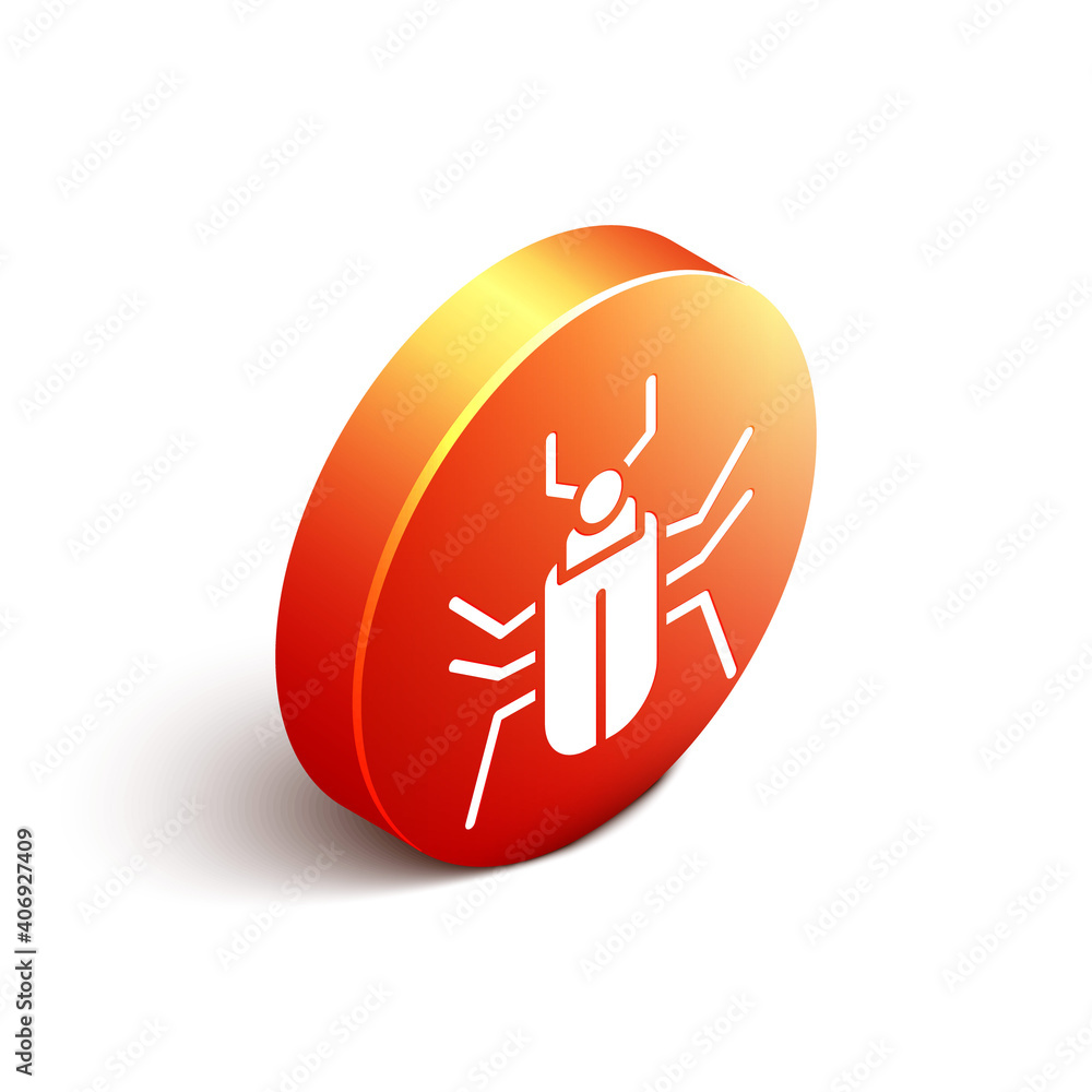 Isometric Insect fly icon isolated on white background. Orange circle button. Vector.