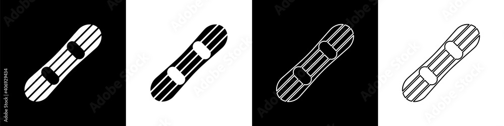 Set Snowboard icon isolated on black and white background. Snowboarding board icon. Extreme sport. S