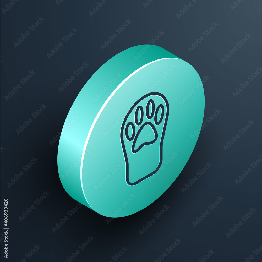 Isometric line Paw print icon isolated on black background. Dog or cat paw print. Animal track. Turq