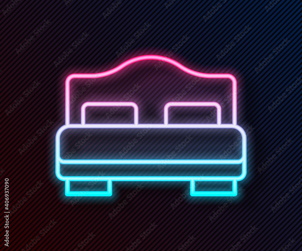 Glowing neon line Hotel room bed icon isolated on black background. Vector.