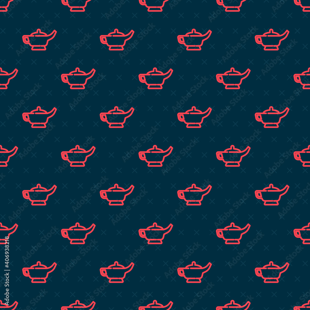 Red line Magic lamp or Aladdin lamp icon isolated seamless pattern on black background. Spiritual la