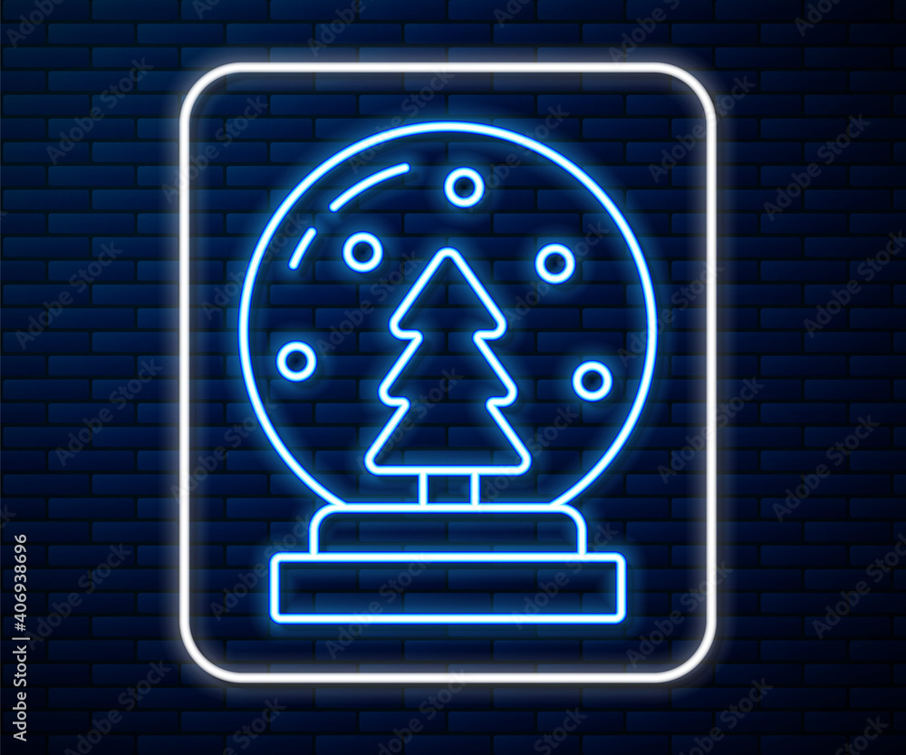 Glowing neon line Christmas snow globe with fallen snow and christmas tree icon isolated on brick wa