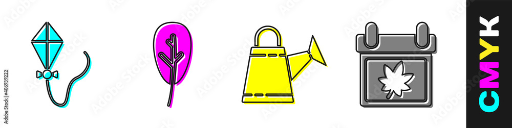 Set Kite, Leaf or leaves, Watering can and Calendar with autumn leaves icon. Vector.