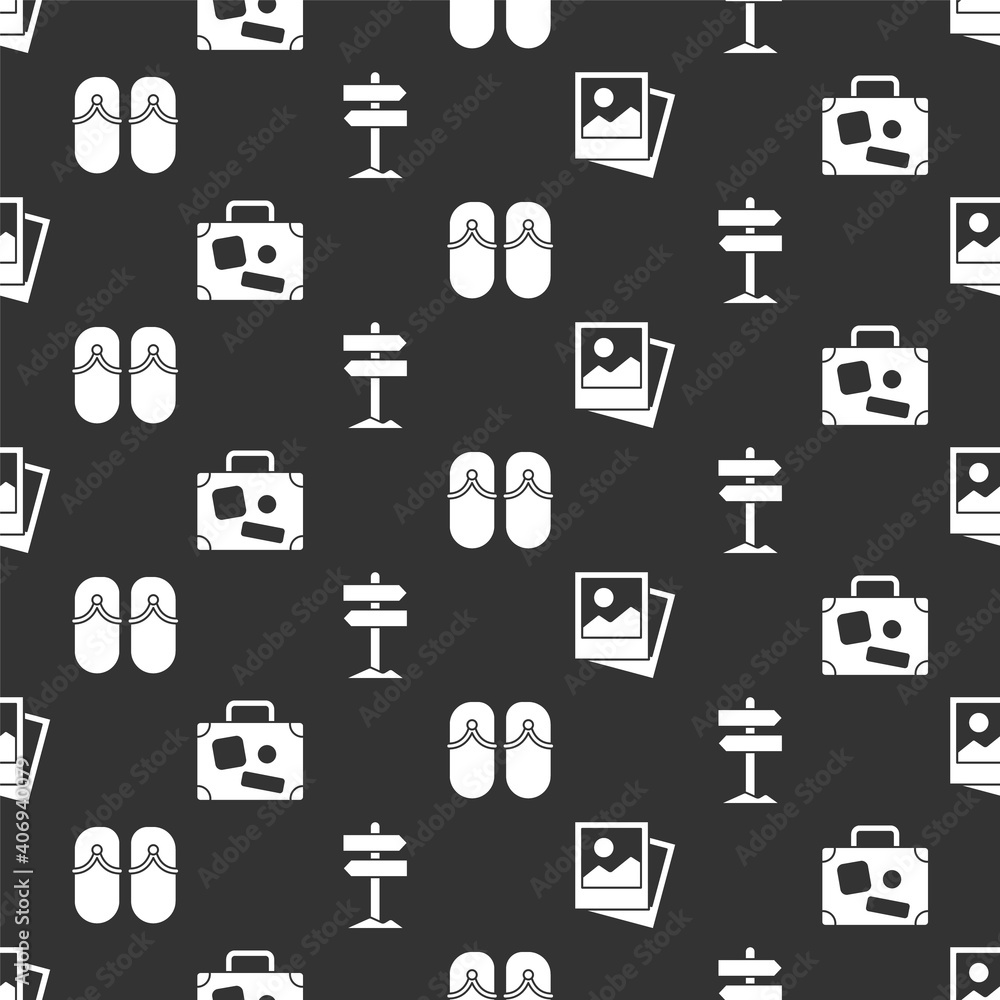 Set Photo, Suitcase, Flip flops and Road traffic signpost on seamless pattern. Vector.