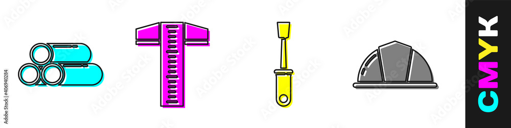 Set Industry metallic pipe, T-square line, Screwdriver and Worker safety helmet icon. Vector.