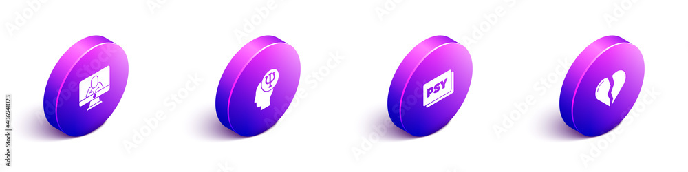 Set Isometric Psychologist online, Psychology, Psi, and Broken heart or divorce icon. Vector.