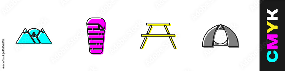 设置山脉、睡袋、带长椅的野餐桌和旅游帐篷图标。矢量。