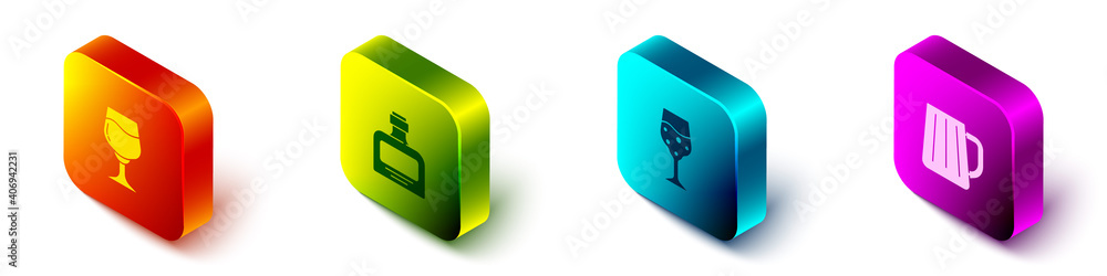 Set Isometric Wine glass, Whiskey bottle, Glass of champagne and Wooden beer mug icon. Vector.