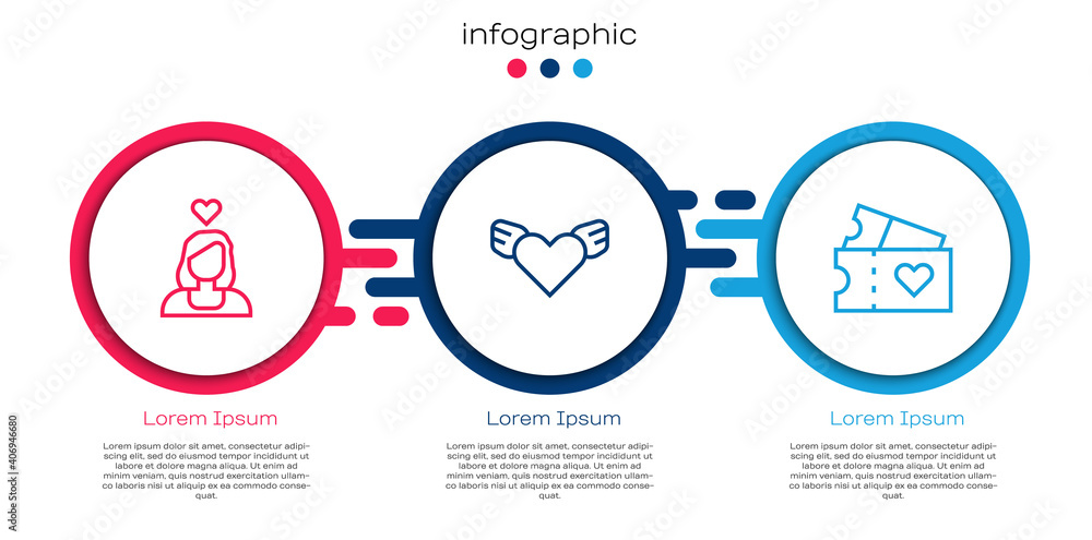 设定线情侣相爱，心有翅膀和爱情票。商业信息图模板。矢量。