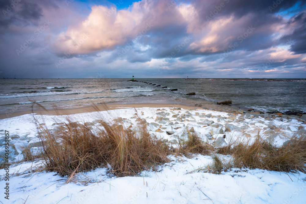 Winter landscape of a snow covered beach at Baltic Sea in Gdansk. Poland